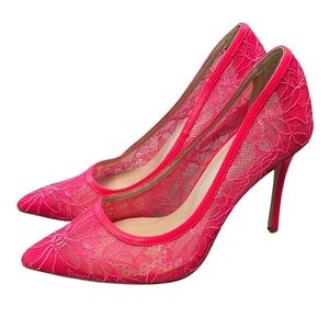 New L’Agence Simone Pointed Toe Embroidered Lace Pump Neon Pink Heels Sz 6